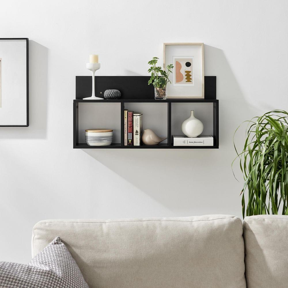 Danya B. 31.5" x 15.7" Modern 3 Cube Floating Wall Shelf with Display Ledge Black: Mid-Century Style, MDF & Iron