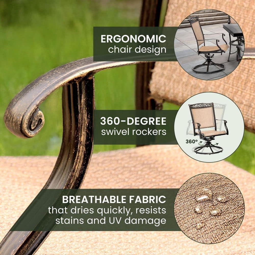 Hanover Fontana 7-Piece Outdoor Dining Set with 2 Sling Swivel Rockers, 4 Sling Chairs, and a 38-In. x 72-In. Cast-Top Table