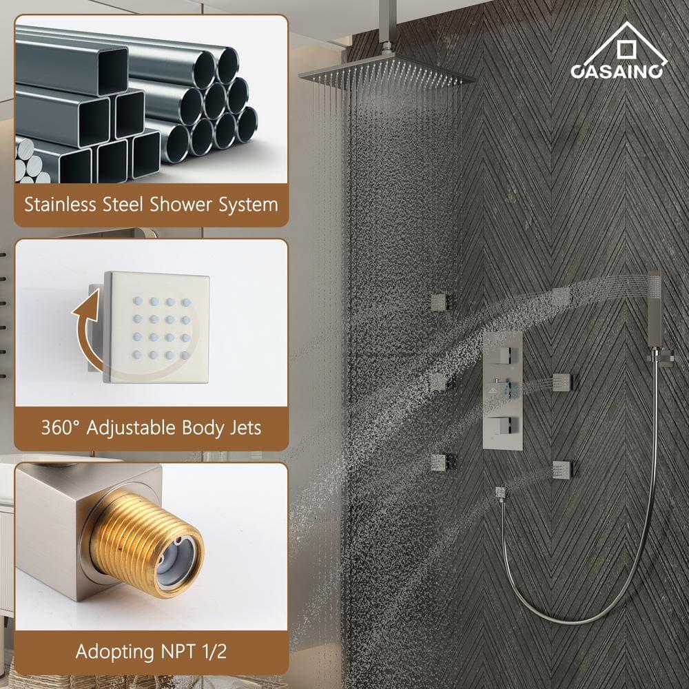 CASAINC LED Thermostatic Dual Shower Heads Ceiling Mount Fixed and Handheld Shower Head