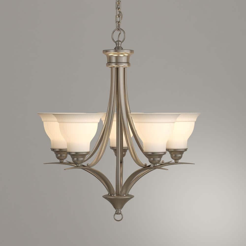 Progress Lighting, Trinity Collection, 5-Light Chandelier, Brushed Nickel, Etched Glass Shades