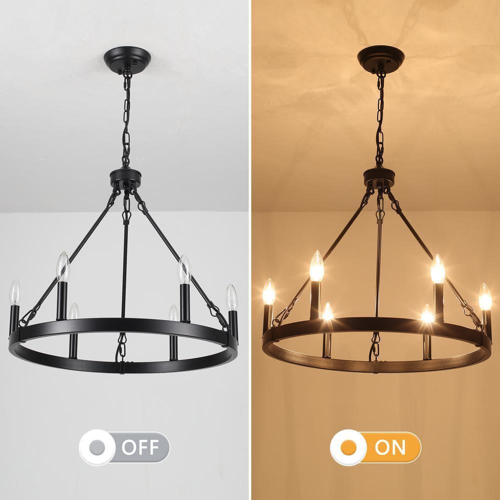22.04 in. 6-Light Black Rustic Farmhouse Chandelier, Wagon Wheel Chandelier for Dining Room Living Room Bedroom Kitchen Black