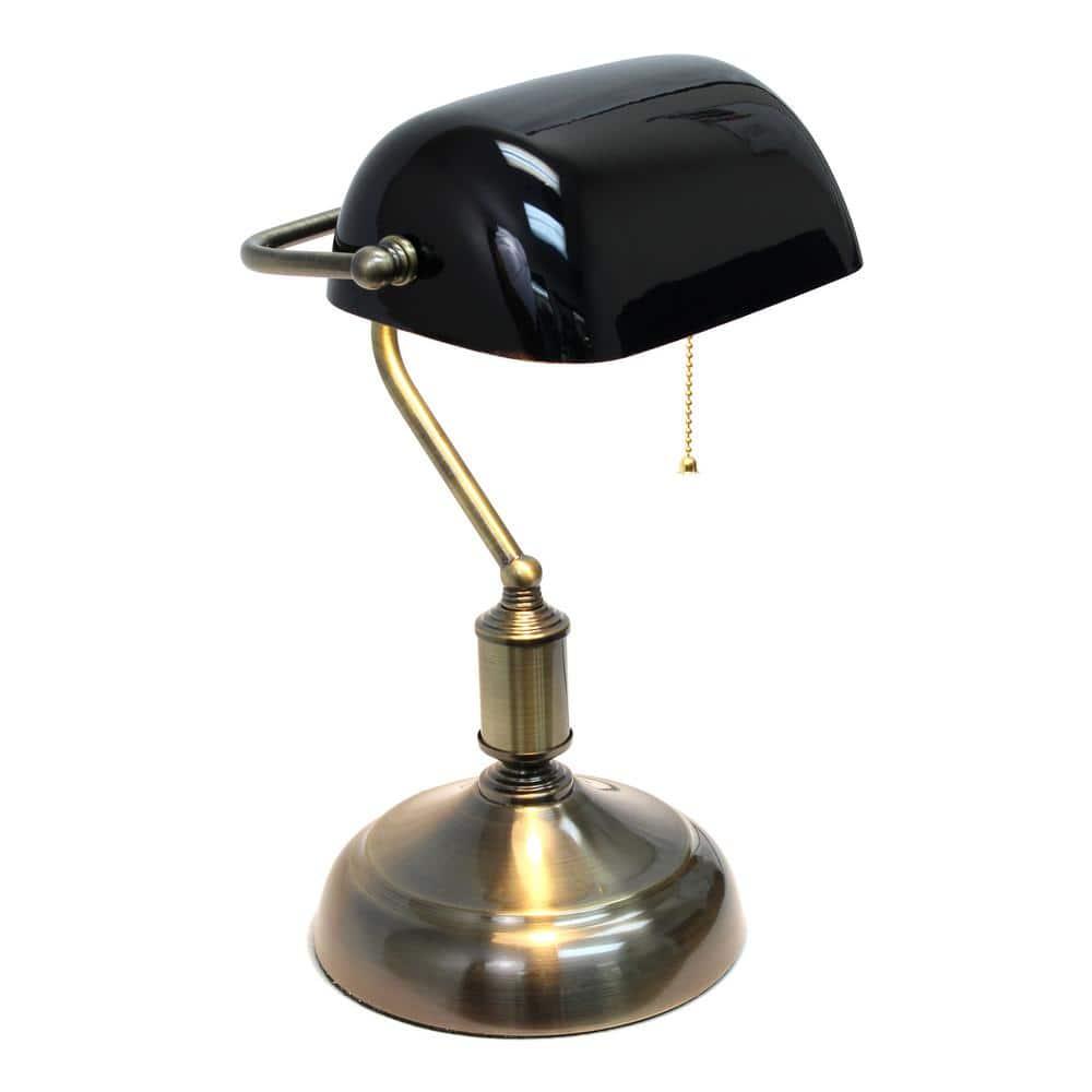 Executive Banker's Desk Lamp with Glass Shade Black - Simple Designs: ETL Listed, Metal Body, Pull Chain