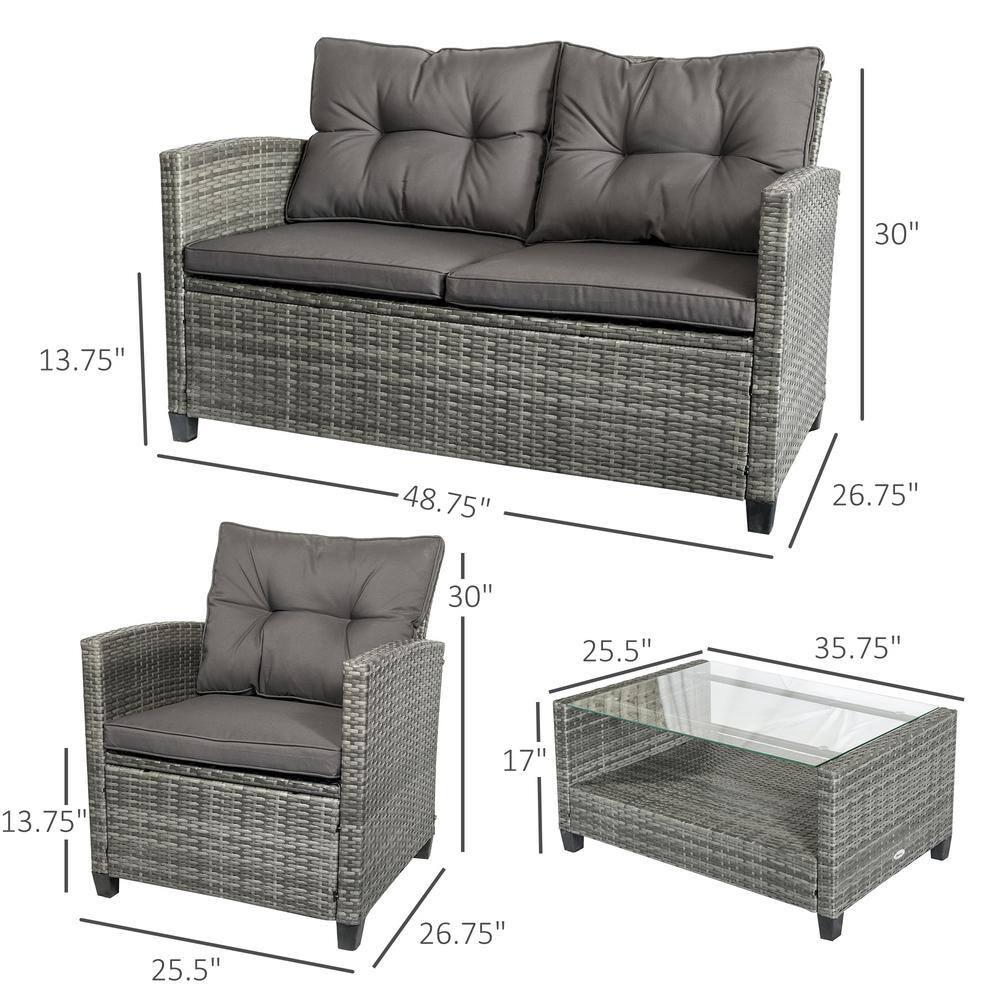 Outsunnny 4 Piece Patio Furniture Set, Outdoor Wicker Loveseat Sofa & Chairs, with 2-Tier Coffee Table & Tufted Cushions, Carbonized