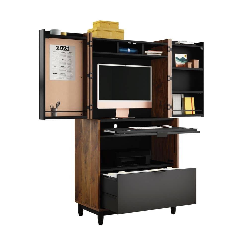 Harvey Park Computer Cabinet Grand Walnut - Sauder: Swing-Out Doors, Cork Board, File Drawer
