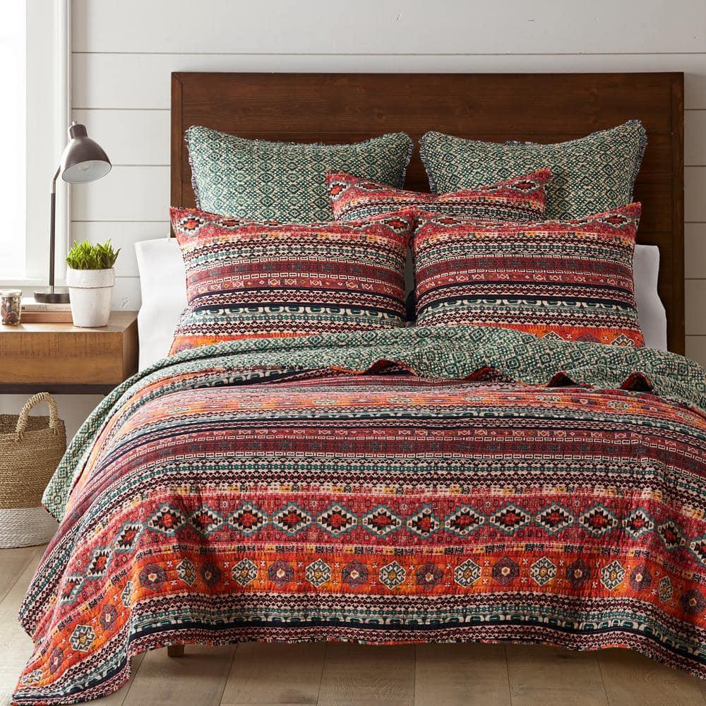 Vista Aztec Stripe Quilt Set - Full/Queen Quilt and Two Standard Pillow Shams Orange, Green, Black - Levtex Home