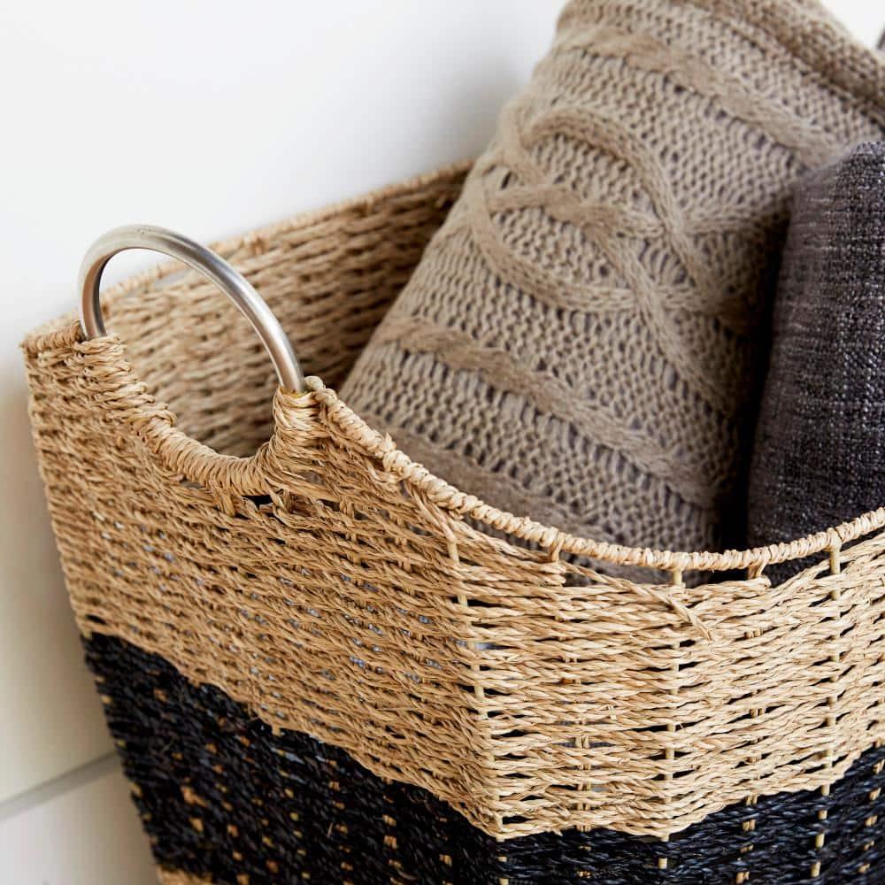 DecMode 21" x 19" Brown Seagrass Handmade Two Toned Storage Basket with Metal Handles, 1-Piece