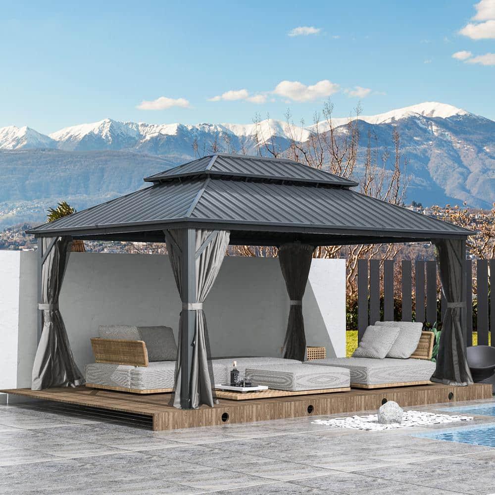 TOTAL Outdoor 10' x 12' Hardtop Gazebo, Galvanized Steel Double Roof Canopy W/Curtains and Netting, Drainage System, Sunshade for Deck, Lawns and Backyard, Gray.