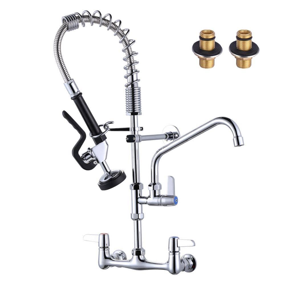 Commercial Kitchen Sink Faucet with Pull Down Sprayer, Pre-Rinse Wall Mount Faucet Chrome Commercial Kitchen Faucets with Sprayer 25" Height Water Faucets with 9.6" Add-on Swing Spout for Restaurant