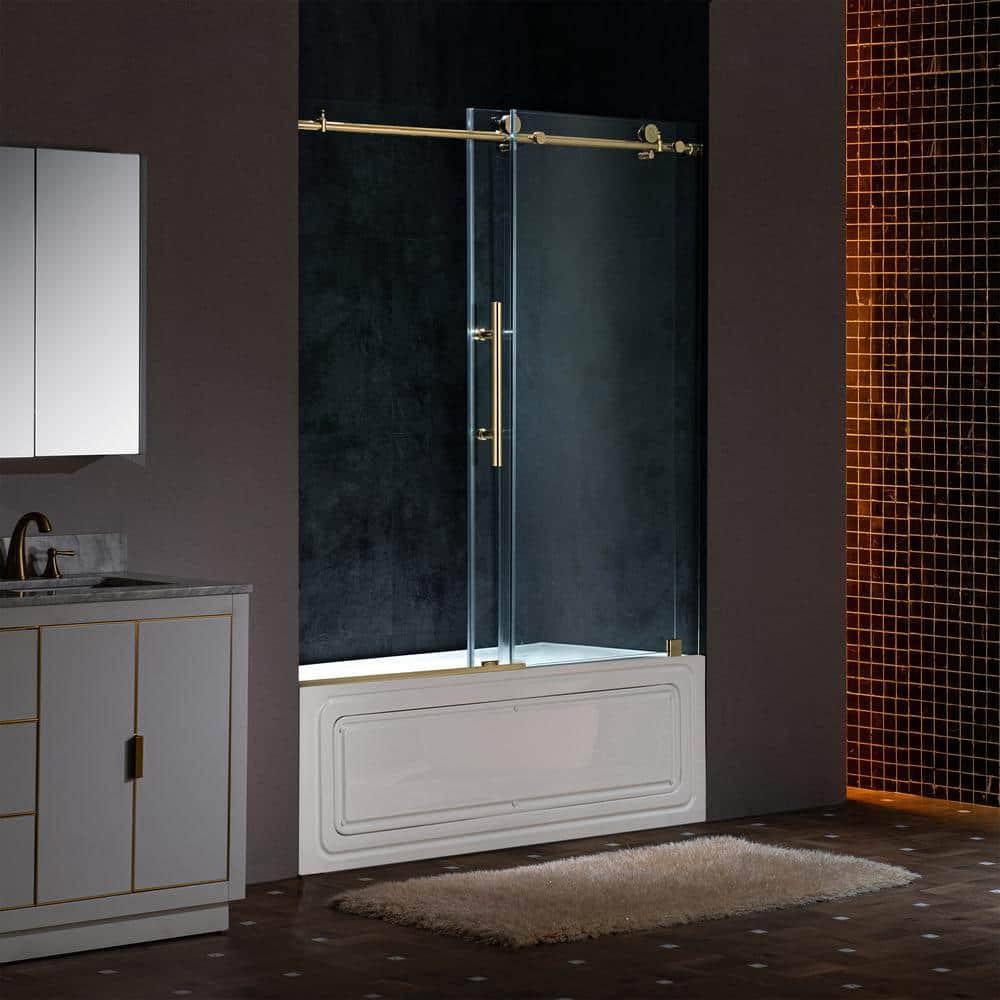 WoodBridge Frameless Single Sliding Shower Doors, 56-60" W X 62" H With 5/16" Clear Tempered Glass And Explosion-Proof Film MSDF6062-BG