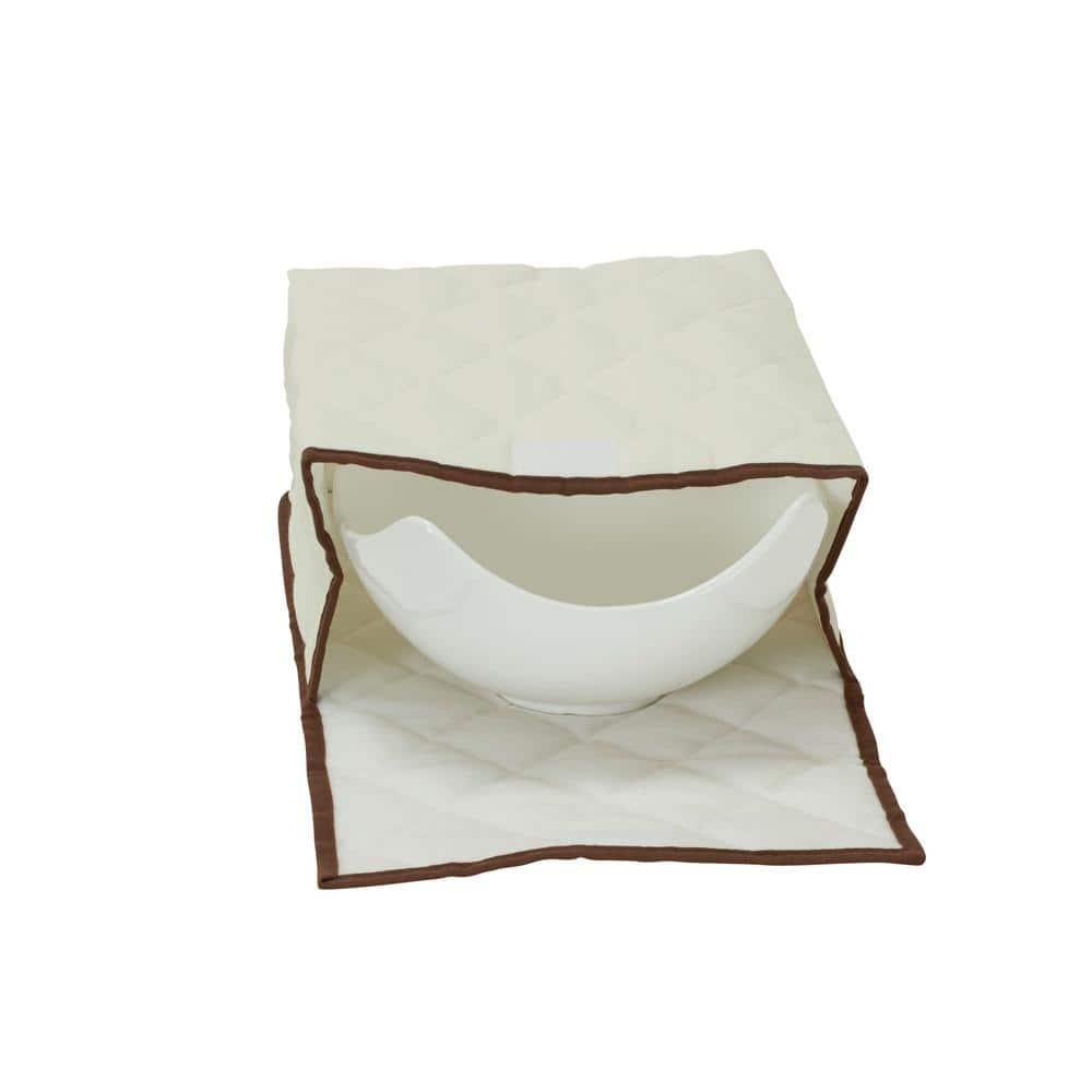 Large Serveware Storage Box, Polyester Canvas with Fiberboard Sides, 3 Protective Pouches, Fully Removable Lid, Natural with Brown Trim
