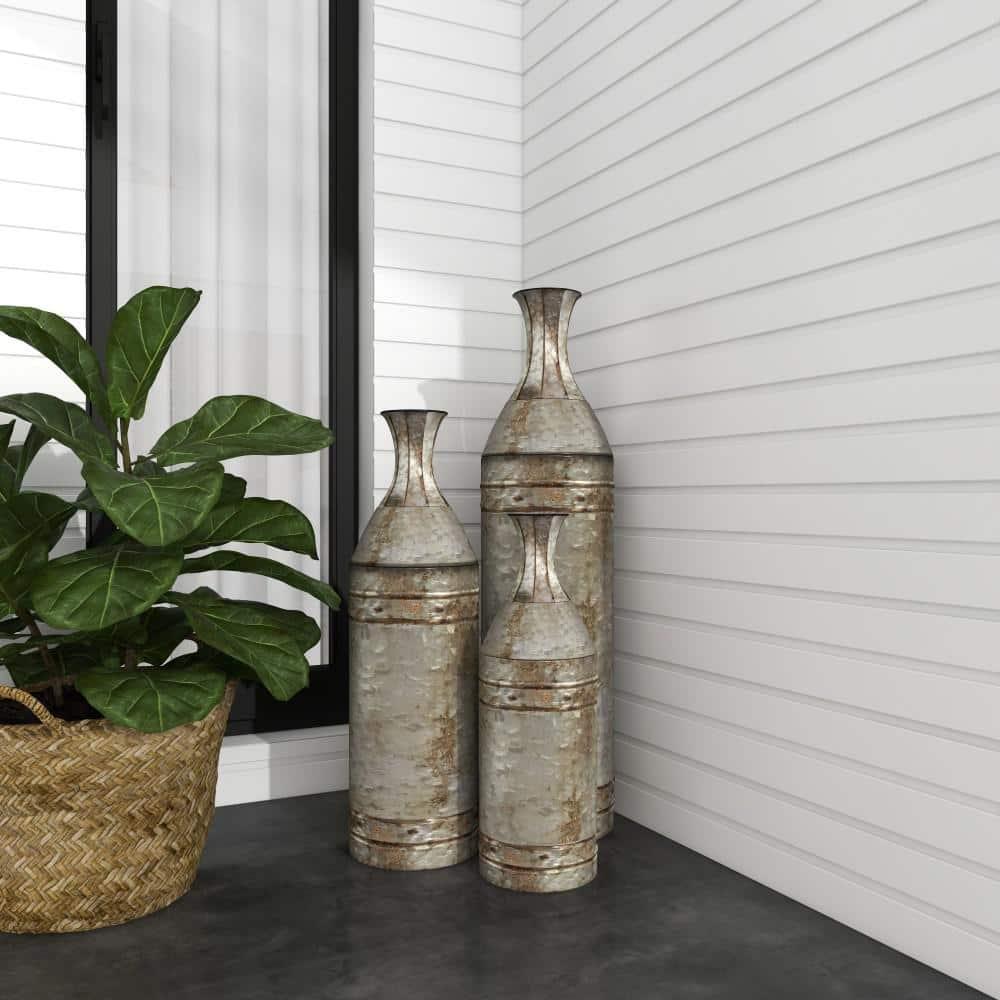 DecMode Farmhouse Cylinder Shape Extra Large Silver Distressed Metal Floor Vases, Set of 3, 43", 33", 25"H