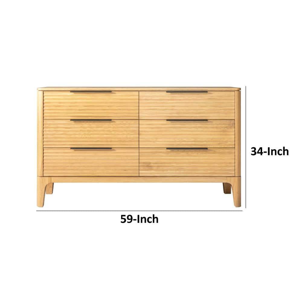 Benjara Cid Jima 59 Inch Dresser, 6 Drawers, Solid Wood in Natural Oak Finish