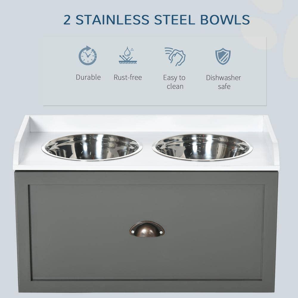 PawHut Dog Feeding Station with Storage Drawer, Dog Food Storage Cabinet w/ Removable Elevated Dog Bowls for Large Sized Dogs, Gray