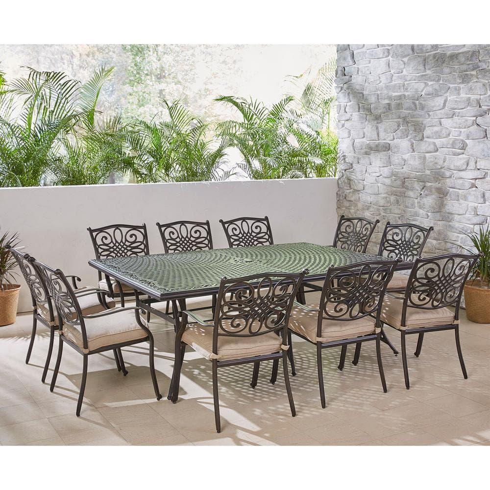 Hanover Traditions 11-Piece Outdoor Patio Dining Set with 60" x 84" Cast-Top Table and 10 Thick Foam Cushioned Chairs with Heavy-Duty Aluminum Frames | TRADDN11PC