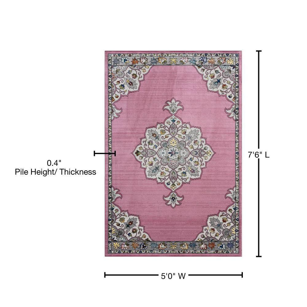 LR Home Ada 5' x 7'6" Pink Medallion Durable Indoor Area Rug