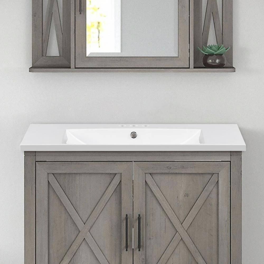 36" Countertop Bathroom Sink, Resin Bathroom Sink With Faucet Holes, Bathroom Vessel Sink, Stain-Resistant Countertop Basin, White