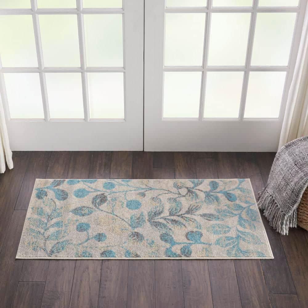 Nourison Tranquil 2' X 4' Ivory/Turquoise Area Rug Contemporary Botanical Vine and Bloom by Nourison