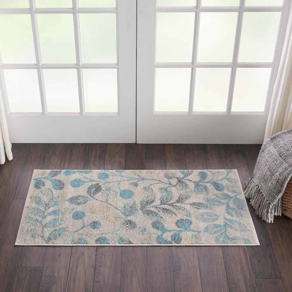 Nourison Tranquil 2' X 4' Ivory/Turquoise Area Rug Contemporary Botanical Vine and Bloom by Nourison
