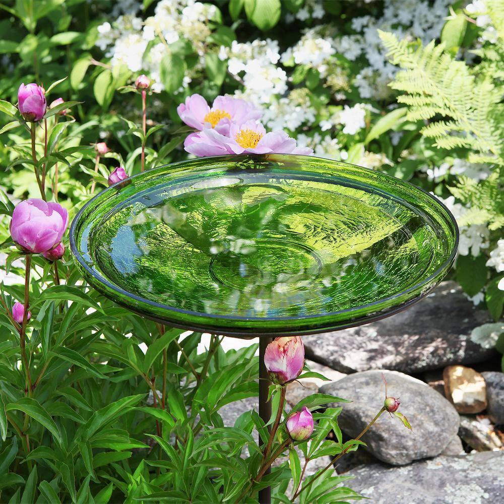Winston Porter Crackle Glass Birdbath Bowl with Stake, 14-in