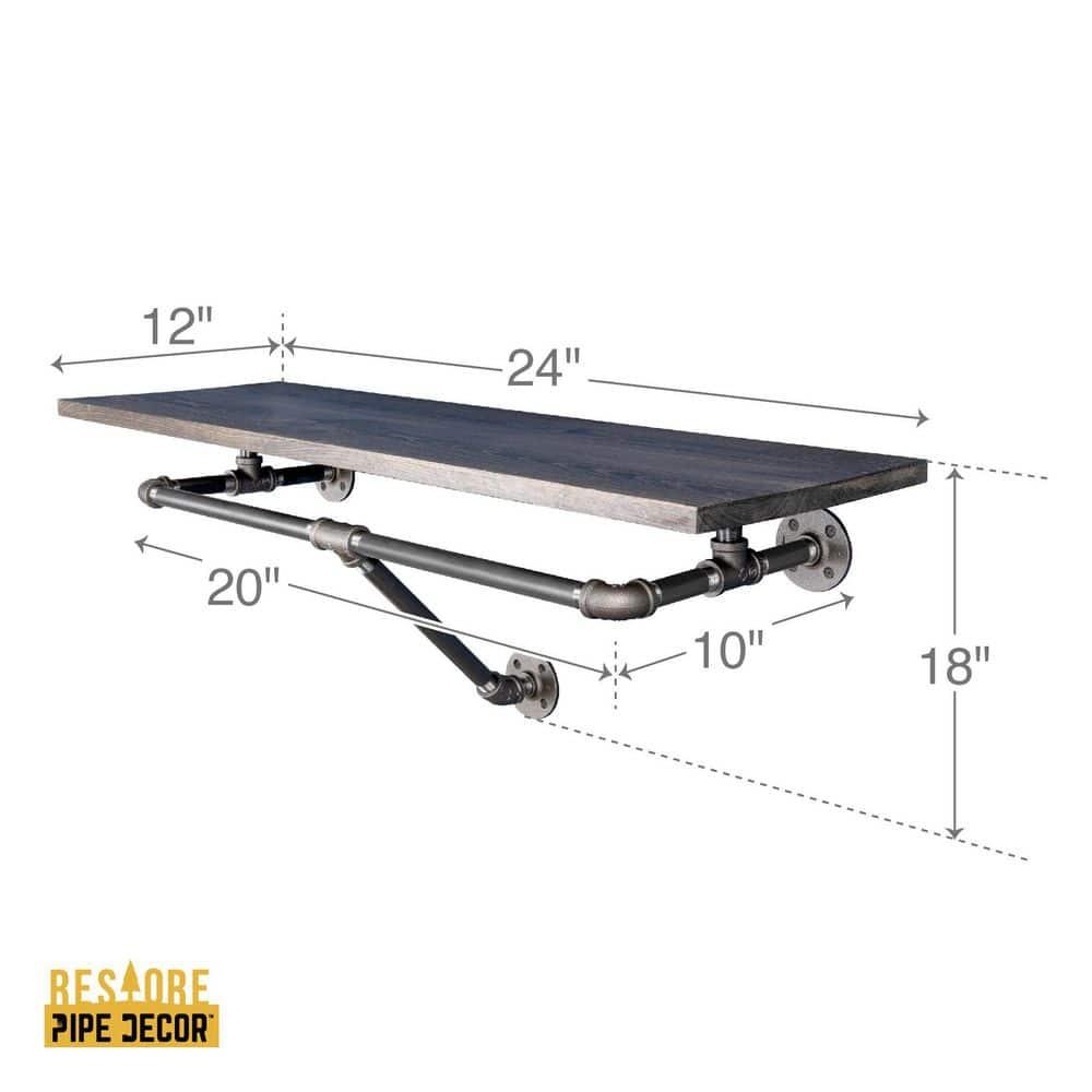 PIPE DECOR  24" Wall Mounted Clothing Rack with Wood Shelf and Industrial Steel Pipe Boulder Black