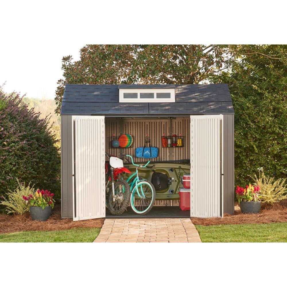 Rubbermaid Extra Large Resin Outdoor Storage Shed With Floor (7 x 10.5 Ft.) Weather Resistant Brown Organization for Home/Lawn Mower/Backyard Equipment/Bike Storage/Pool Supplies