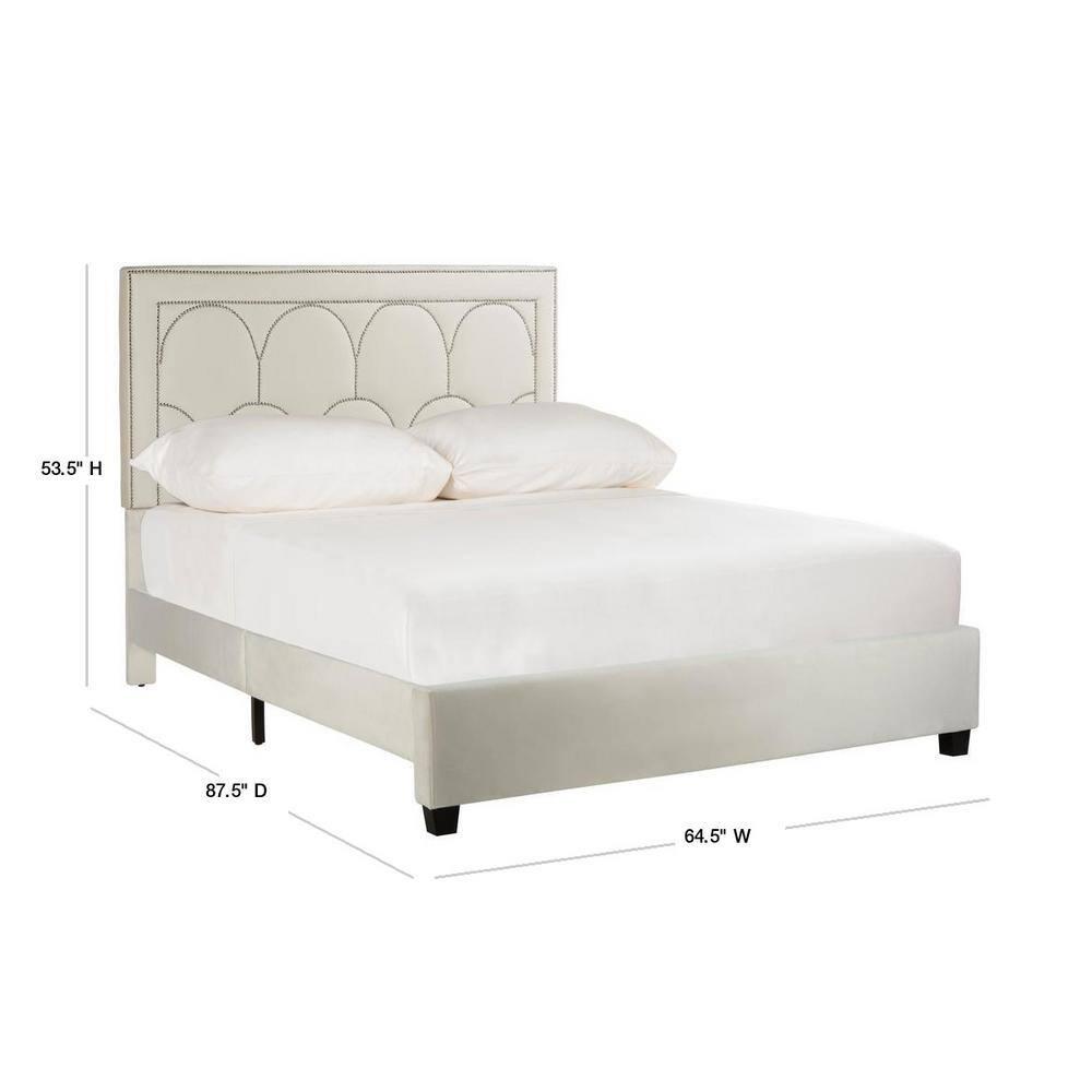 SAFAVIEH Solania Glam Upholstered Bed Frame with Nail Head, Queen, Cream
