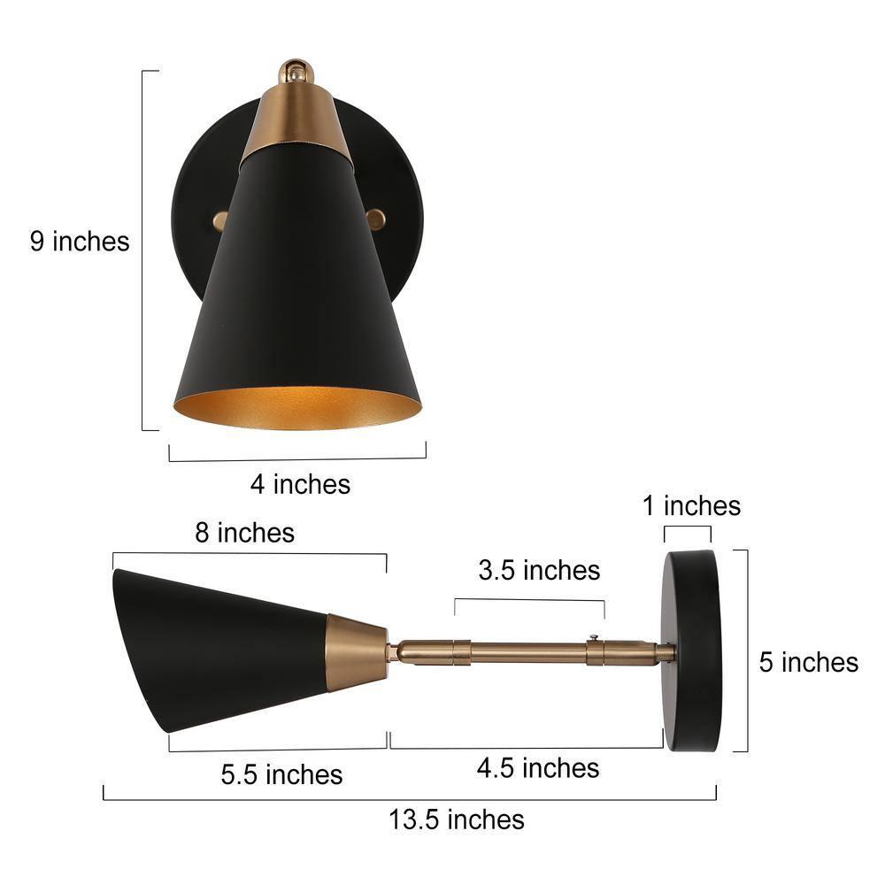 Flumie 1-Light Industrial Black Indoor Wall Sconce Modern Brass Vanity Light Adjustable Head with Cone Metal Shade