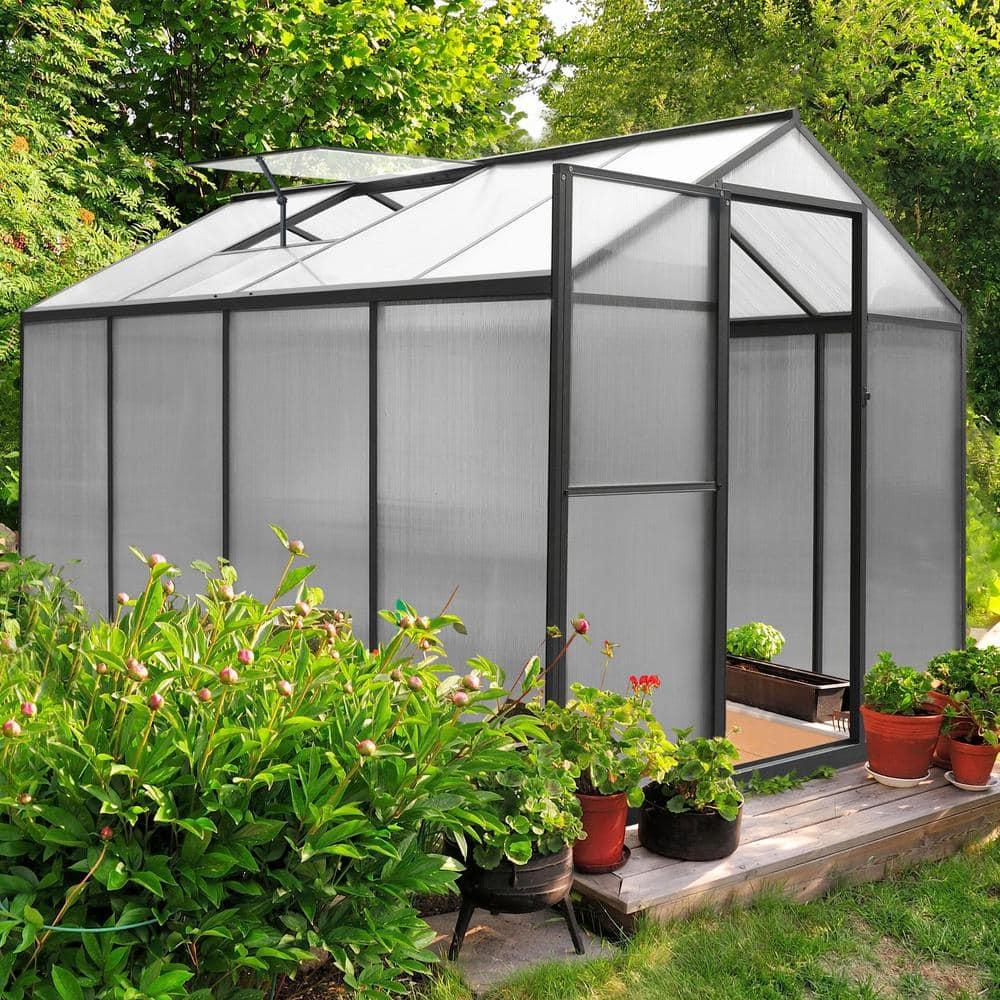 VEIKOUS 8' x 6' Greenhouse for Outdoor Heavy Duty Polycarbonate Garden Plants Greenhouse Kit w/ Aluminum Frame, Lockable Door and Window, Grey