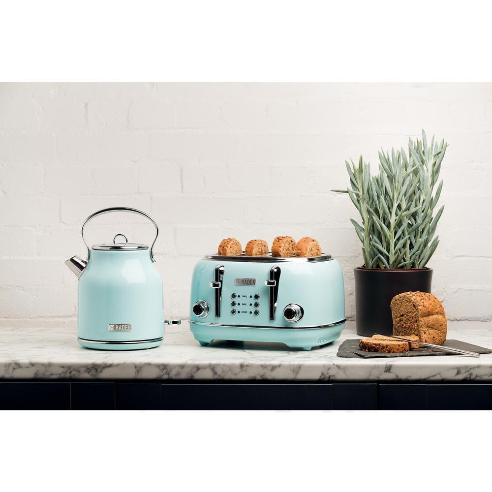 Haden Heritage 4 Slice Wide Slot Stainless Steel Toaster with Adjustable Browning Control & Non-Slip Feet, Turquoise & Chrome