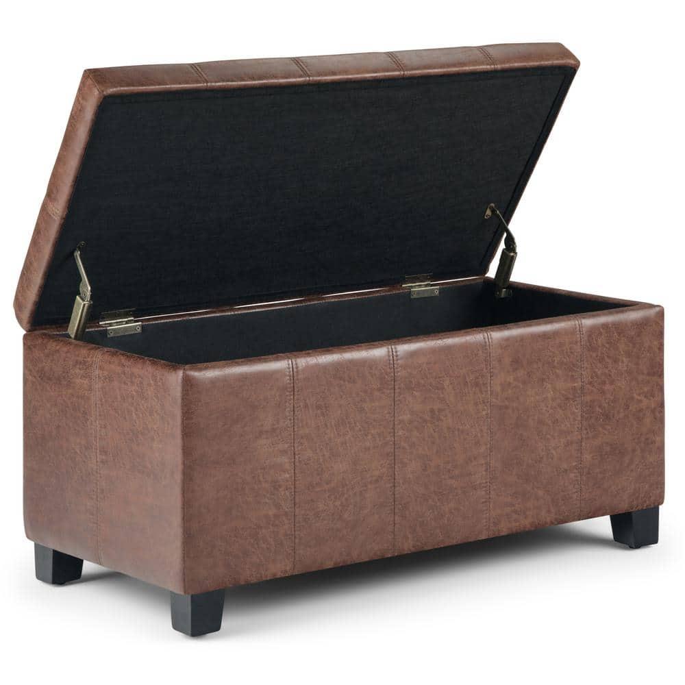 Simpli Home Dover Faux Leather Storage Ottoman Bench in Umber Brown
