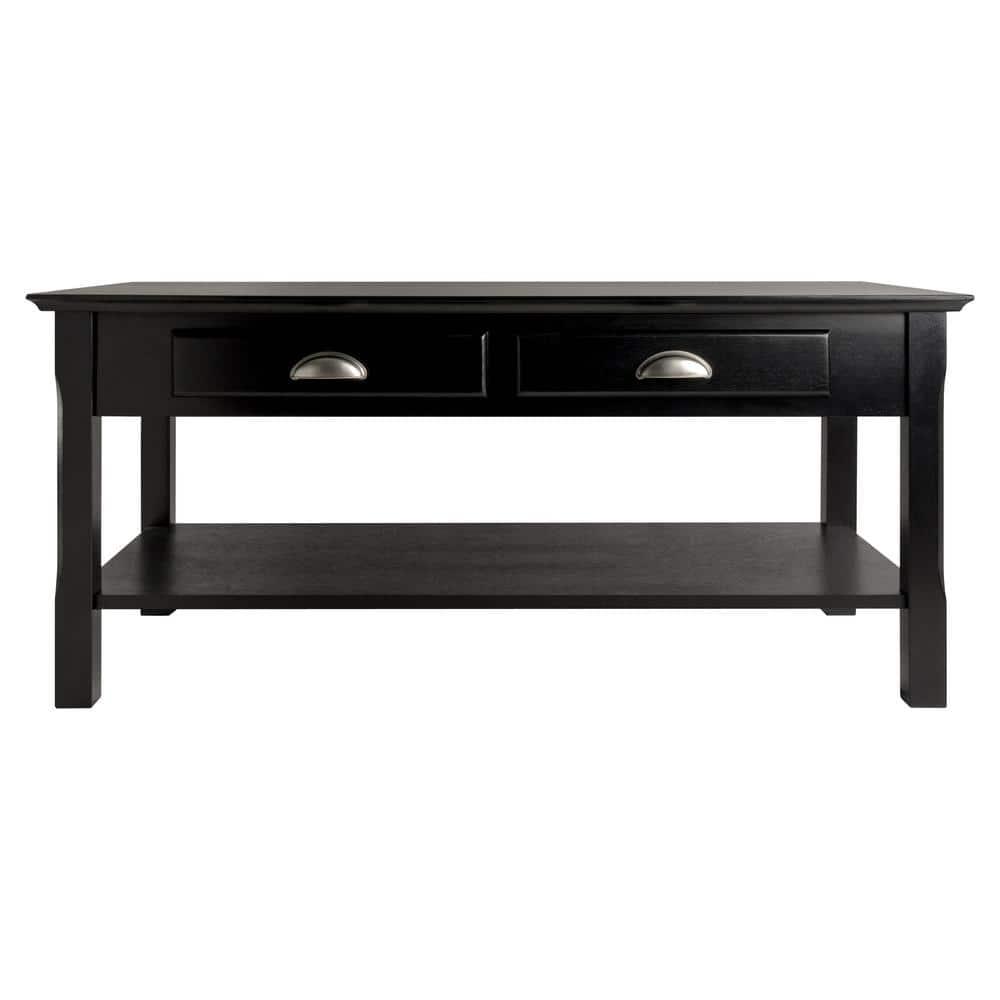 Timer Coffee Table, Drawers and Shelf - Black - Winsome: Solid Wood, Chrome Handle Accents