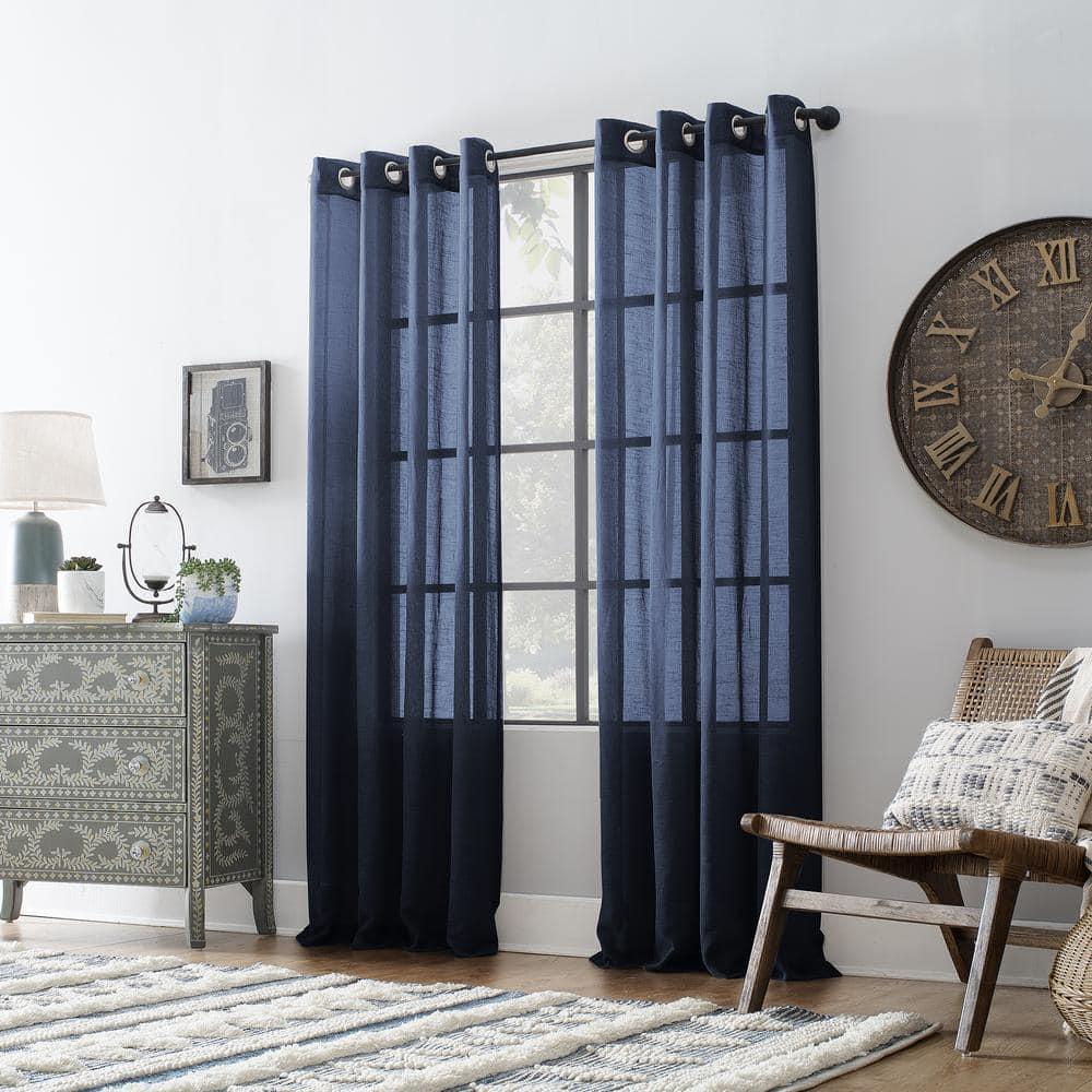 63"x52" Slub Textured Linen Blend Grommet Top Curtain Navy - Archaeo: Light Filtering Panel, Modern Style