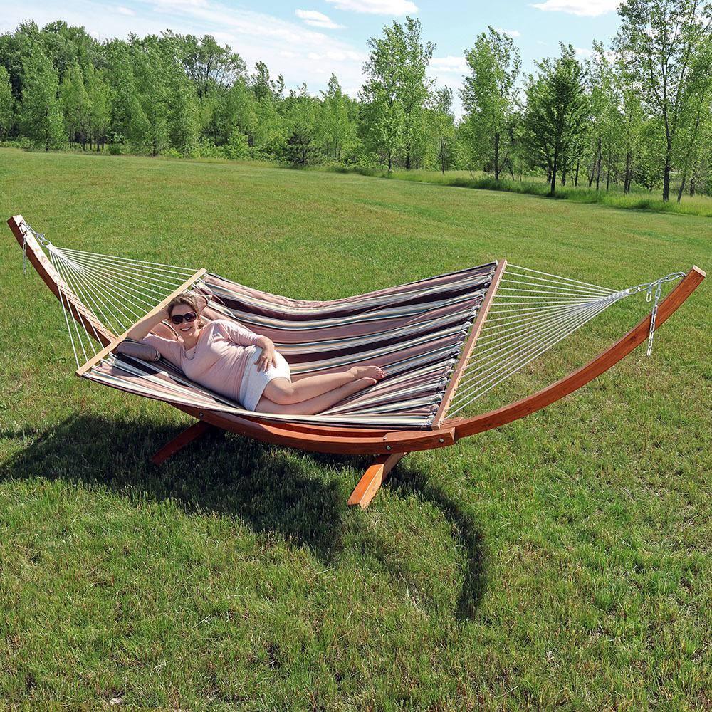 Sunnydaze Quilted Double Fabric 2-Person Hammock with Curved Arc Wood Stand - 400 lb Weight Capacity/13' Stand - Sandy Beach