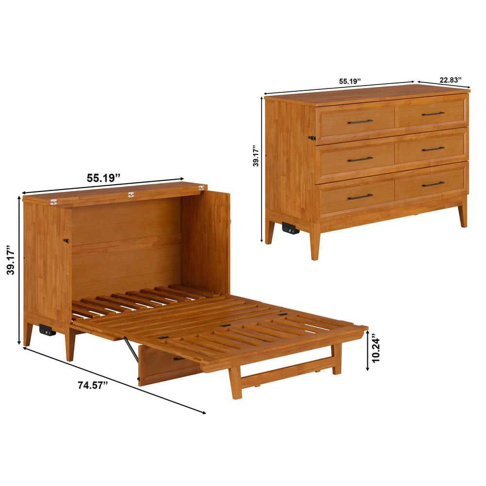 AFI Santa Fe Full Wood Murphy Bed Chest with Mattress and Built-in Charger, Light Toffee
