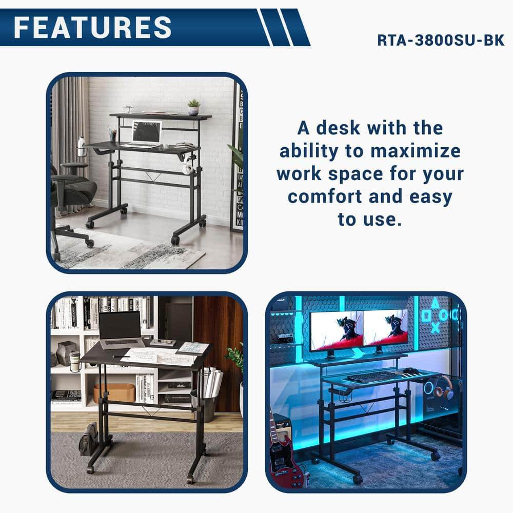 Inbox Zero Mobili Rolling Writing Desk – Height Adjustable with Moveable Shelf & Locking Wheels