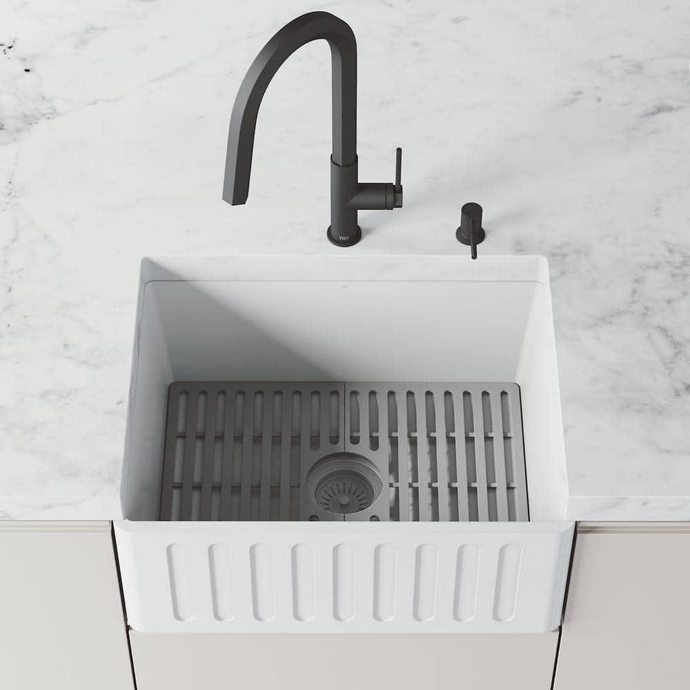 Matte Stone 24" L x 18" W Single Bowl Farmhouse Kitchen Sink with Basket Strainer and Silicone Grid
