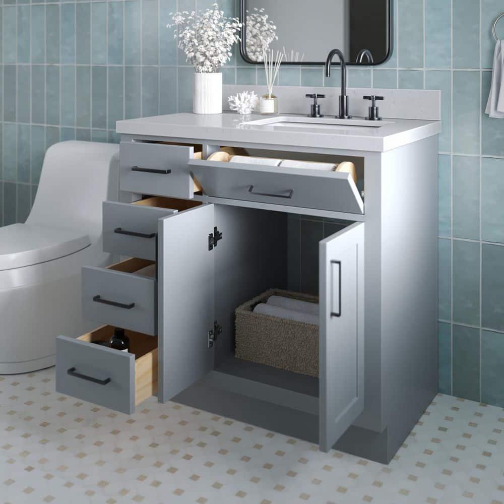 Thornaby 36'' Solid Wood Single Bathroom Vanity with 1.5'' Carrara Quartz Top, Left Offset Oval Sink