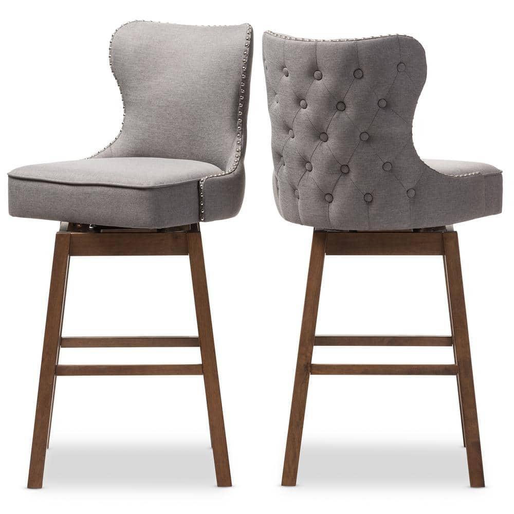 Gradisca Swivel Barstools with Button-Tufting & Nail Heads Trim: Polyester Upholstery - Baxton Studio