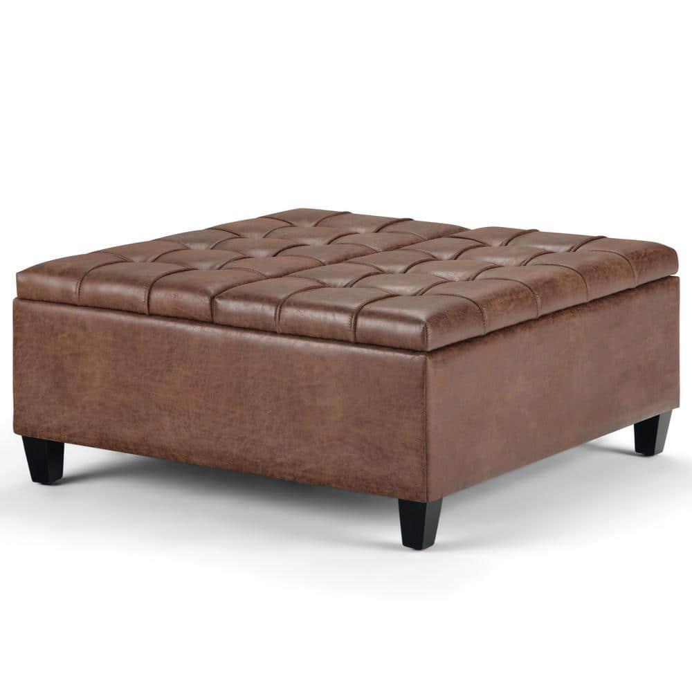Simpli Home Harrison 36"W Upholstered Square Coffee Table Storage Ottoman with Split Lift Top