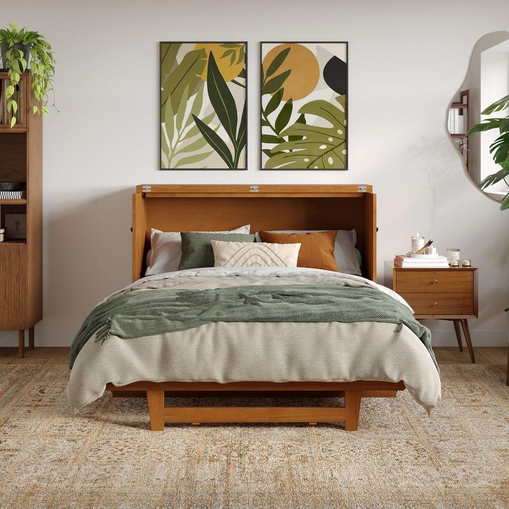 AFI Santa Fe Full Wood Murphy Bed Chest with Mattress and Built-in Charger, Light Toffee
