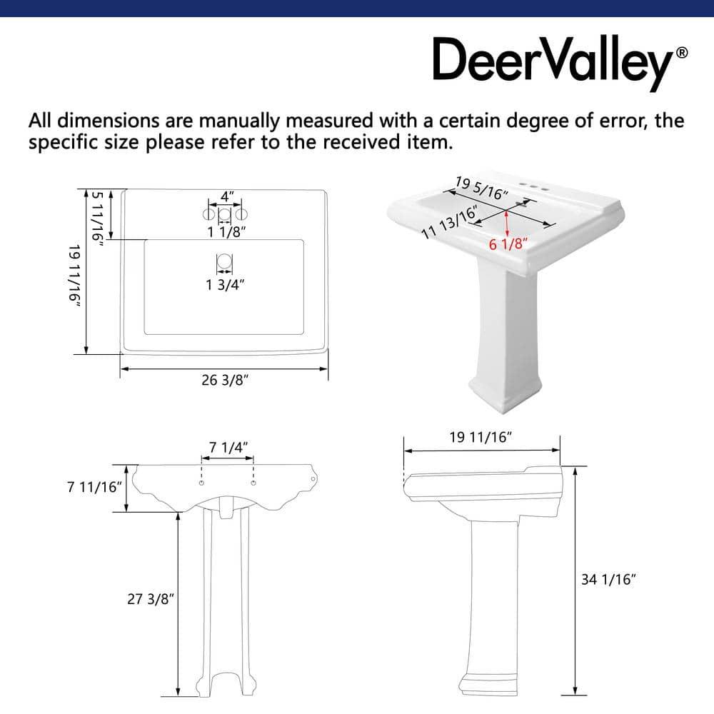 DeerValley Apex 34" Tall Rectangular Vitreous China Pedestal Bathroom Sink with Overflow DV-1P521