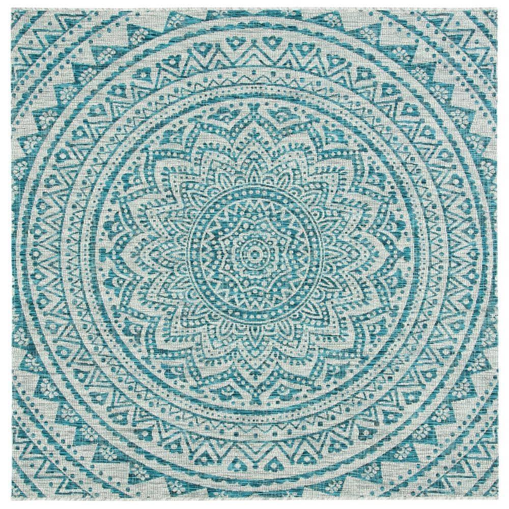 Courtyard CY8734 Power Loomed Indoor and Outdoor Accent Rug - Light Grey/Teal - 3'x3' - Safavieh