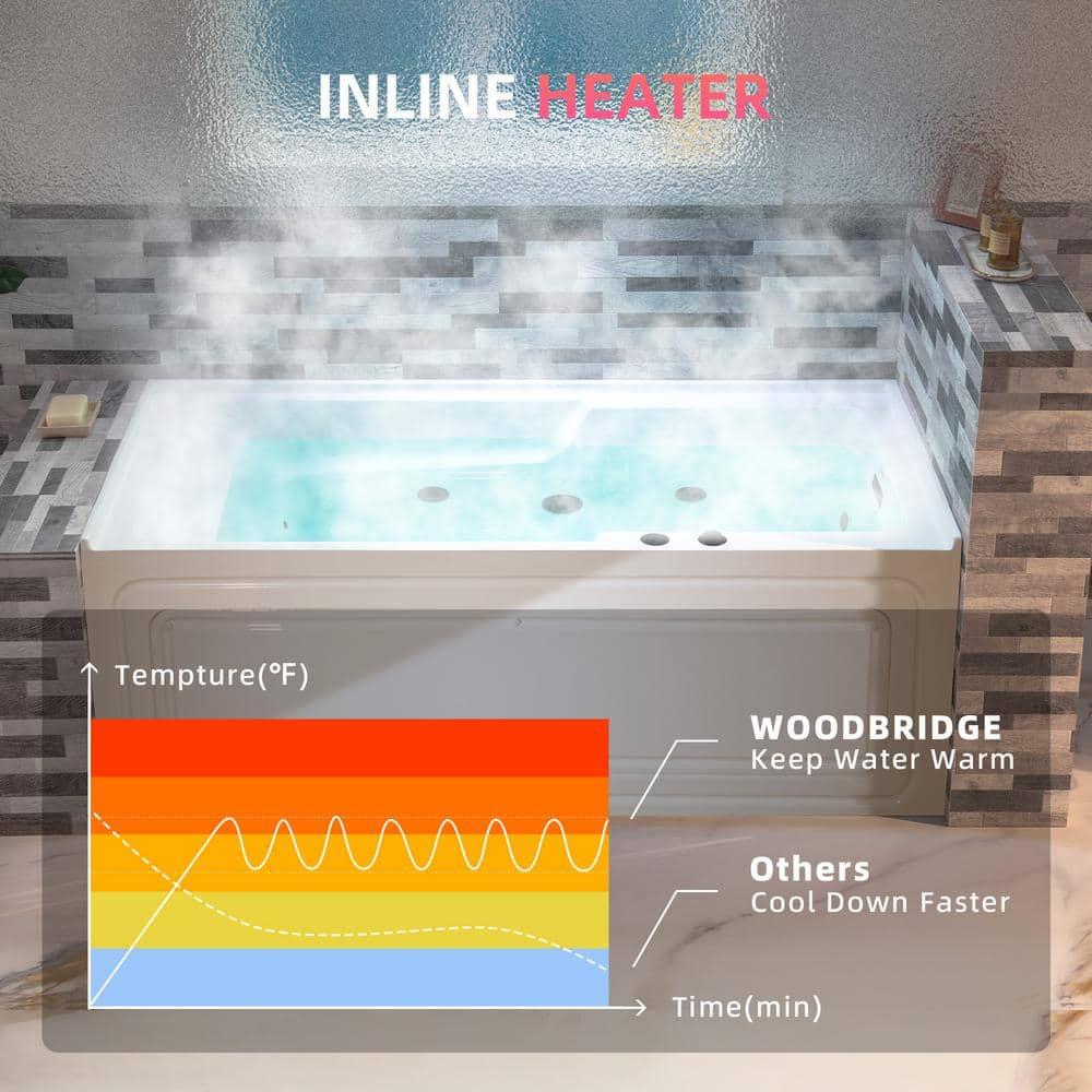 60" x 30" Whirlpool Heated Rectangular Alcove Acrylic Bathtub with Chrome/Matte Black Drain and Overflow