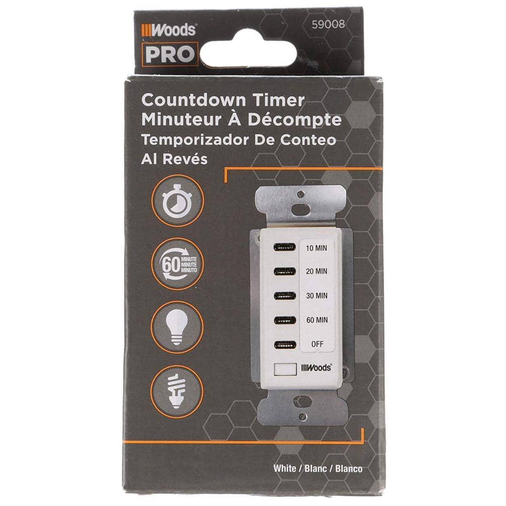 Woods 59008 Decora Style 60-30-20-10 Minute Preset Wall Switch Timer, White, 60-Minute