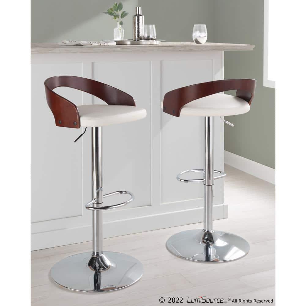 Grotto Mid-Century Modern Adjustable Height Barstool with Swivel in Chrome Metal, Cherry Wood and White Faux Leather with Oval Footrest by LumiSource - Set of 2