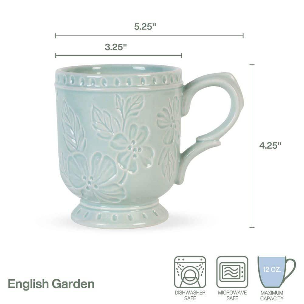 Blue Ceramic Floral Etched 12 Oz Mug Set of Four