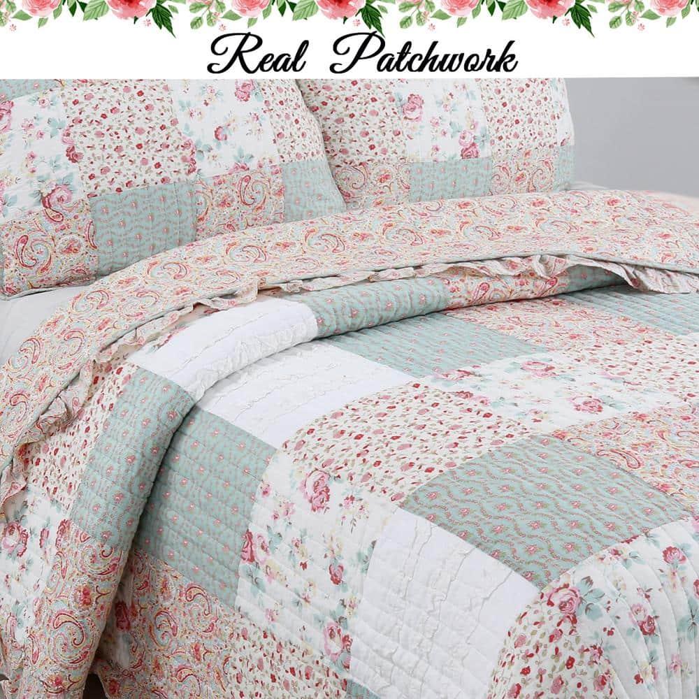 Cozy Line Home Fashions 100% Cotton Real Patchwork Floral Coral Pink Ruffled Shabby Chic Girly Reversible Quilt Bedding Set, Coverlet Bedspread (Sweet Roses, Queen - 3 Piece)