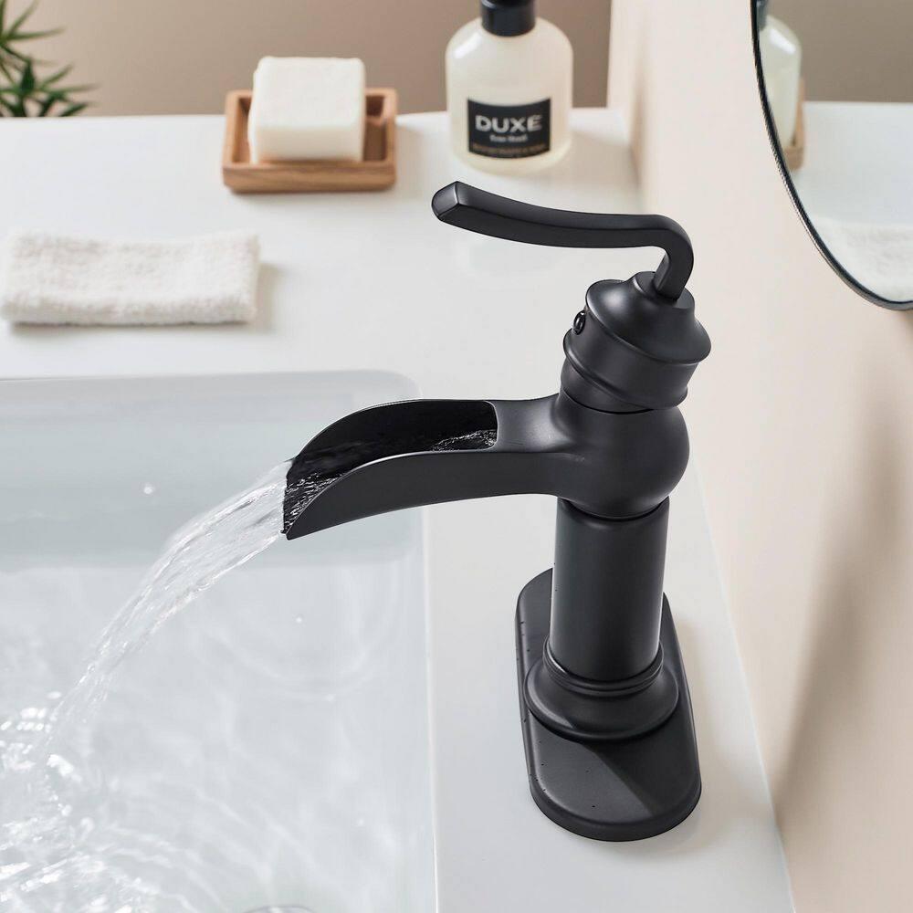 FORIOUS Black Waterfall Bathroom Faucet, Single Handle Antique Bathroom Sink Faucet with Deck Plate, Lead-Free CUPC Hose and Metal Pop-up Drain for 1 Hole or 3 Hole Farmhouse, Lavatory, Vanity