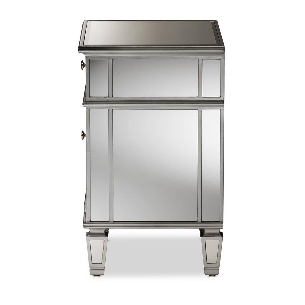 Sussie Hollywood Regency Glamour Style Mirrored 2 - Drawer Nightstand - Baxton Studio: Bronze Hardware, Beveled Top