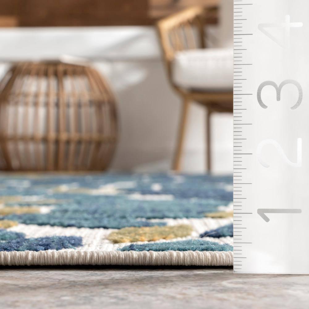 Teal and Olive Green Floral Synthetic 8' x 10' Area Rug